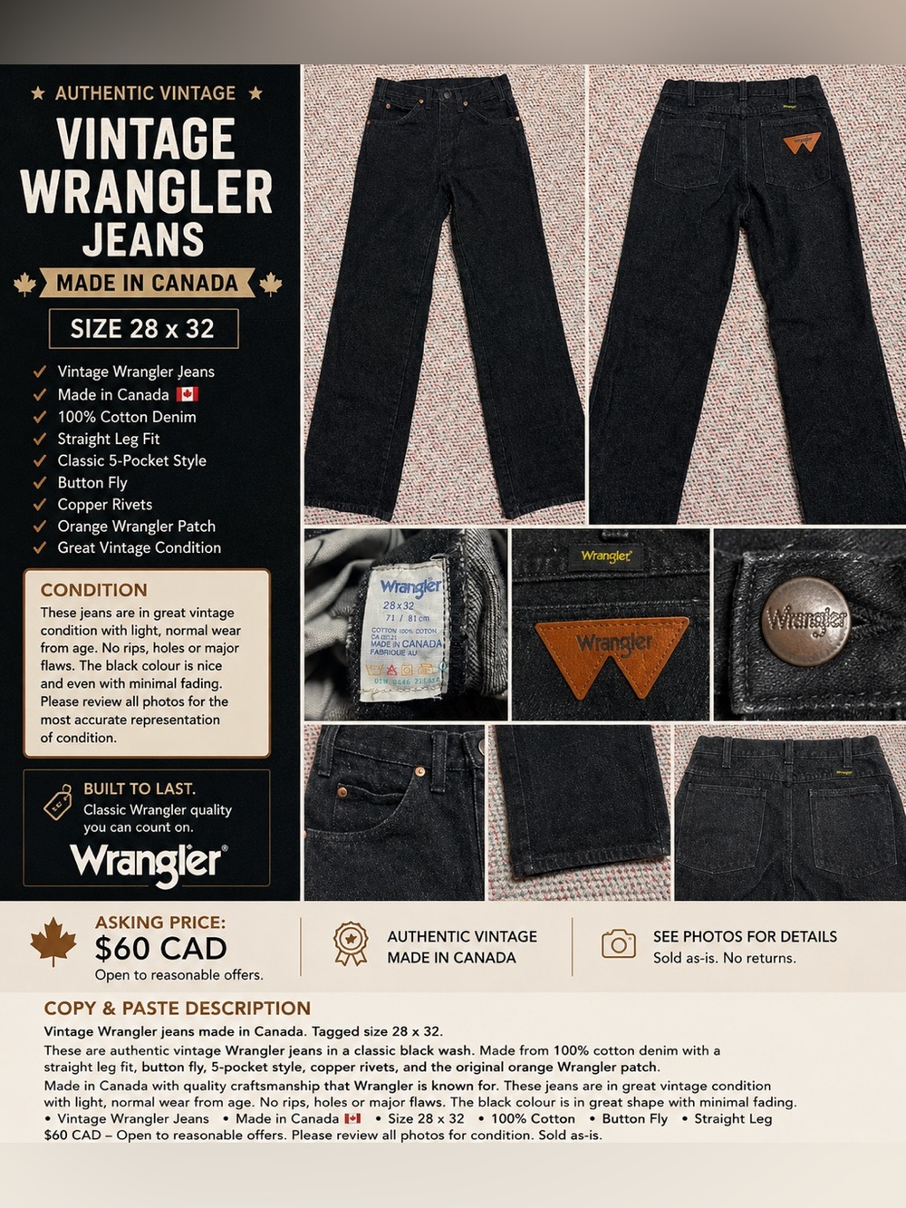 Vintage Wrangler Jeans – Made in Canada 🇨🇦 – Size 28×32